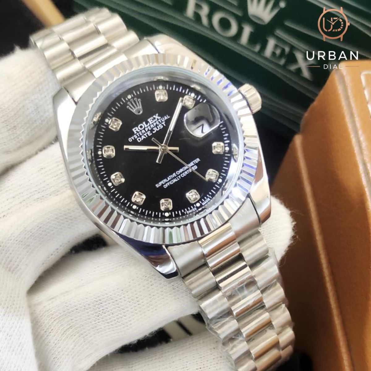 Rolex Oyster Perpetual Datejust with a fluted bezel and jubilee-style bracelet