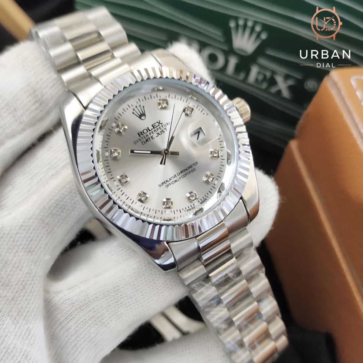 Rolex Oyster Perpetual Datejust with a fluted bezel and jubilee-style bracelet